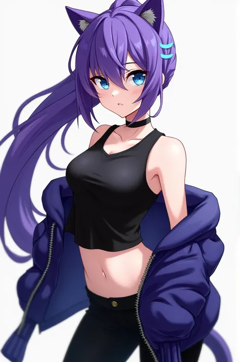 Con el pelo morado con una cola de caballo larga orejas de gato con la camisa negra sin mangas y pantalones negros ♀️ Personaje de gacha club con el flequillo de color azul cian y los ojos azules con una chaqueta sin cerrar y la camisa que se le ve a la ba...