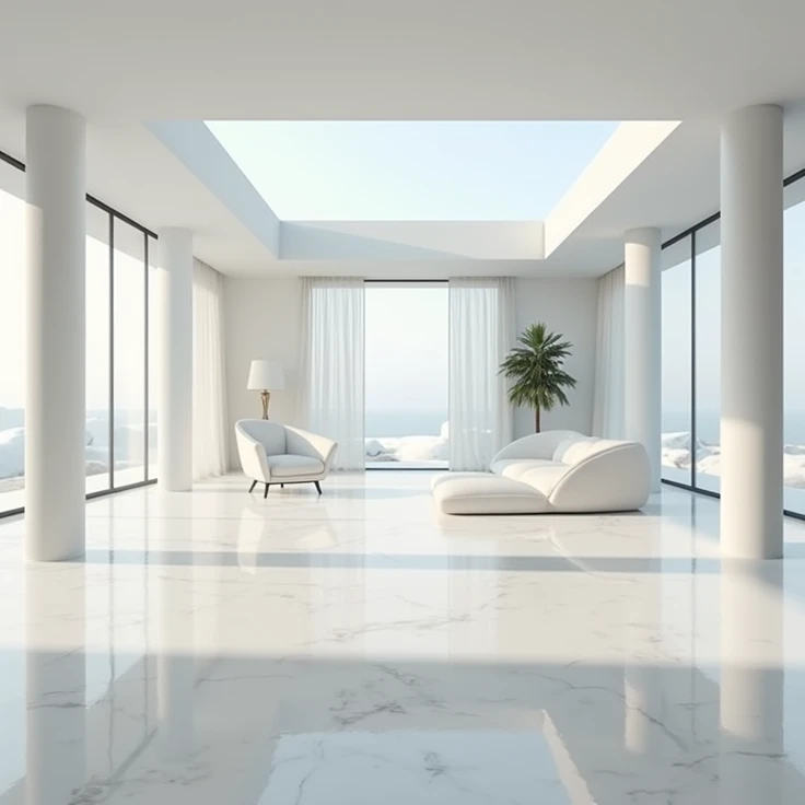  Elegant very modern living room with white columns ,clean without ornaments ,  in the background a large window where you can see the horizon,  there are transparent curtains ,  the white marble floor very shiny as a mirror 