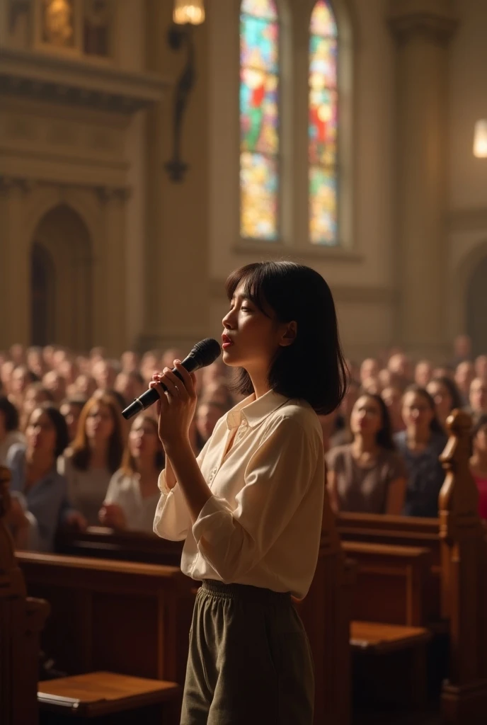  young woman with medium-short black hair, white skin and light eyes with Latin American features, singing with microphone before many people from a Christian church  .