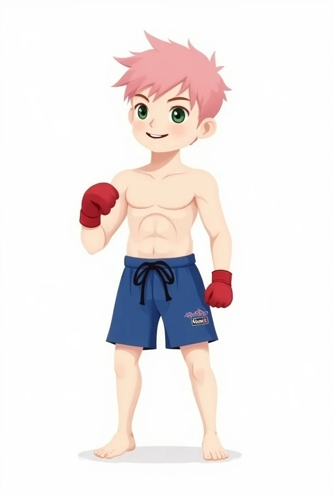 caucásico, pink hair, green eyes, younger, , white skin, without a shirt, (red bandaged hand), blue marini boxing shorts, without a belt, barefoot, (red bands on both arms), random karate stance, (all on white background), (centered), vector, logo, pink ha...