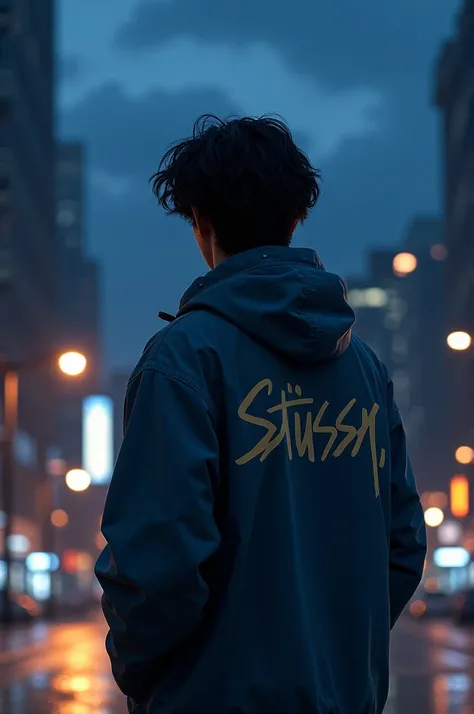  Description to create an image :
 windbreaker “The guy with black hair ,  with your back to the camera in the city at night.  He is wearing a Styssy × Nike ,  with a clear logo on his back . The citys atmosphere is nighttime ,  with bright street lights a...