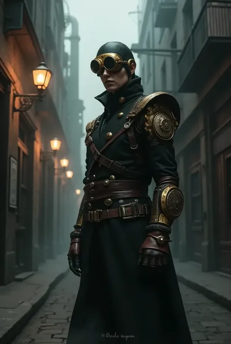 heart_of_sprawling_steampunk_city, mysterious_alley, narrow_shadowy_alley, detailed_Victorian_style_outfit, brass_gears, leather_straps, clockwork_accessories, imposing_enigmatic_presence, reflective_brass_goggles, mechanical_arm, intricate_gears, hidden_t...