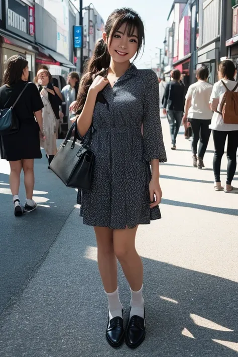 1japanese girl, cute dress, socks, flats, lower ponytail, bang, black hair, hand bag, smile, standing, in street of harajuku, BREAK, (full body shot:1.2), BREAK, (masterpiece, best quality:1.4), (8k, raw photo, photorealistic:1.2), ultra high res, detailed...