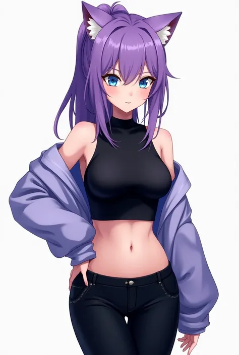 Con el pelo morado con una cola de caballo larga orejas de gato con la camisa negra sin mangas y pantalones negros ♀️ Personaje de gacha club con el flequillo de color azul cian y los ojos azules con una chaqueta morada clarito sin cerrar y la camisa que s...