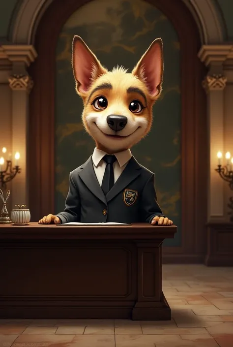 a guild receptionist with a terrier head
