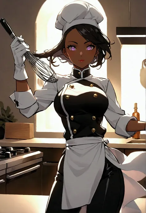 “Design a character of a confident, stylish black female chef with a modern, sexy twist on a traditional chef’s uniform. She has a sleek and fitted chef jacket cropped at the waist, with tailored details that highlight her figure. The jacket is unbuttoned ...