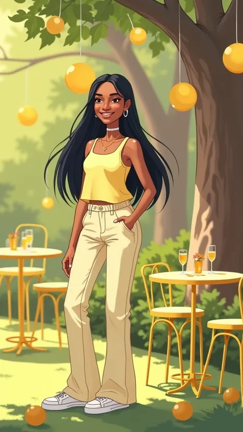 Woman 30 years, long straight black hair, wearing baby yellow vest with matching baby yellow floor length trousers with sneakers at garden with yellow round metal bar tables and chairs party with yellow disks hanging from trees. 

Pixar cartoon