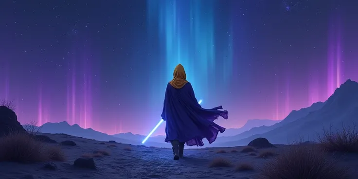 masterpiece, highcontrast, A jedi master with a yellow (old hood) walking in a star wars landscape. meditating, Blue and purple cloths, night time, space, stars, purple aurora boreal, no face, mask, 