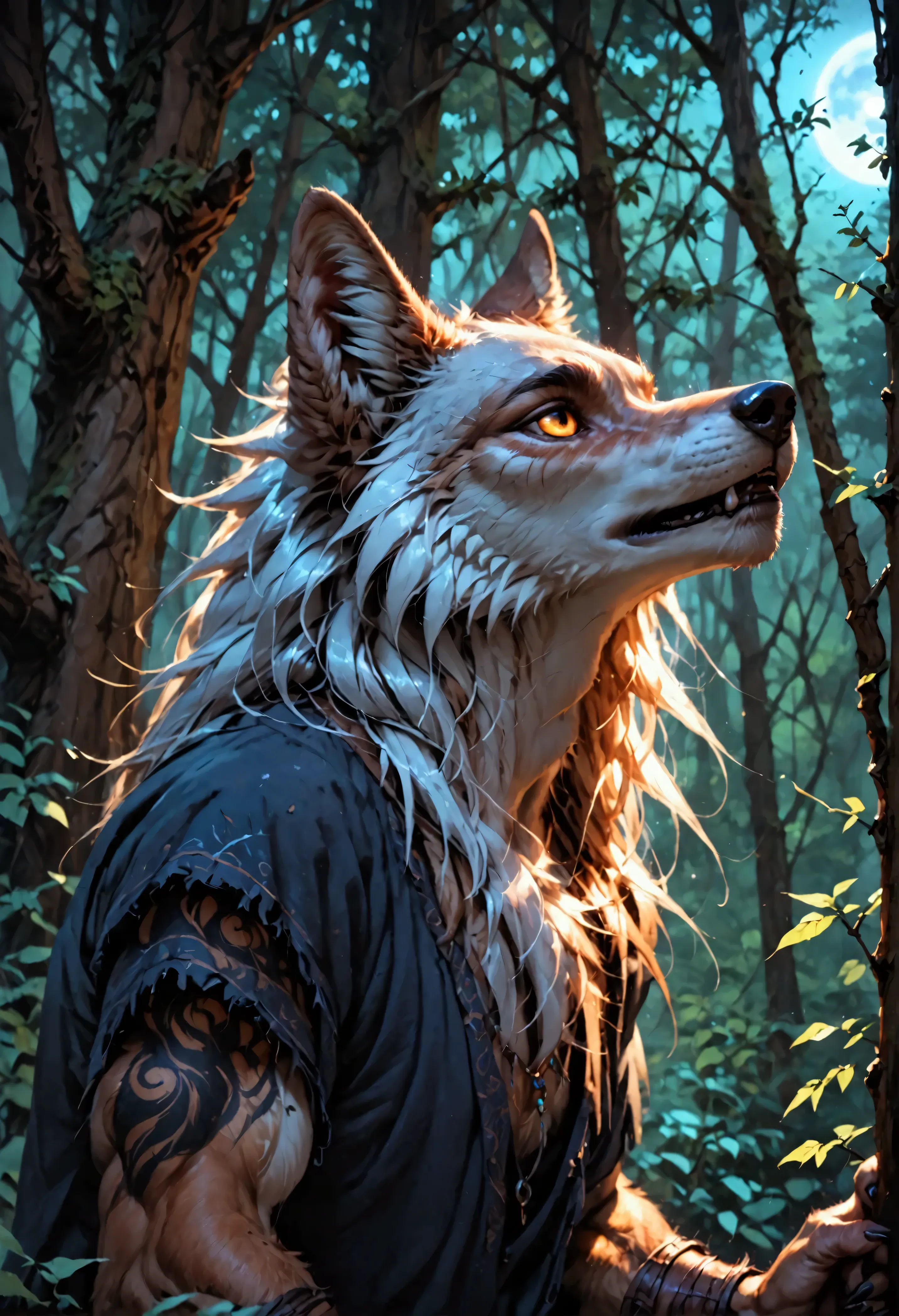 score_9, score_8_up, score_7, a anthro wolf howling in the night at the forest, a soft glowing moon hanging above the forest