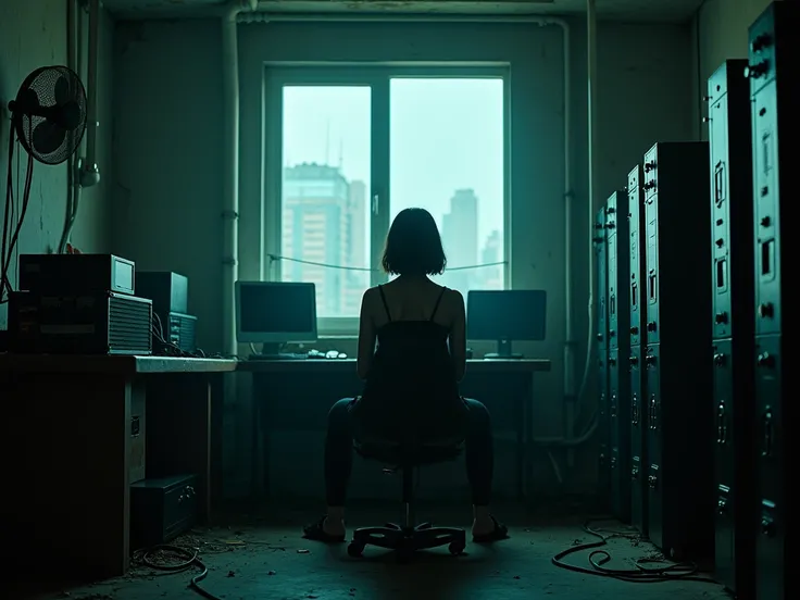 Foto realista, cinemactic, lyrics, Cyberpunk Girl sitting in front of a computer, in an abandoned room with cables and pipes, an industrial wall fan, A window with a cyberpunk city, Dark environment, Matrix style, Blade Runner style , cluttered room, compu...