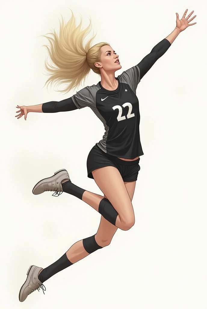  Generate a blonde volleyball player with the number #22 in a black and gray uniform make it like a drawing 