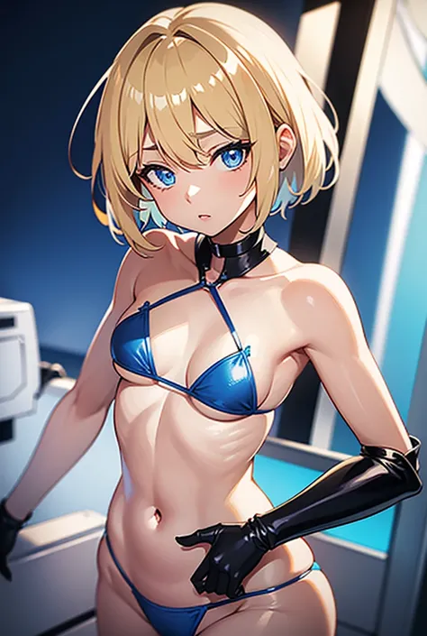  shortcut ,  blue eyes,Blonde,  bangs between eyes,  small breasts, metallic blue micro bikini,Short Hair, T-back ,  high resolution on down,anime, ahe face