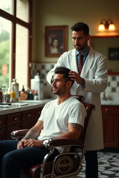 Messi cutting chritiano Ronaldo’s hair being barber in a salon 