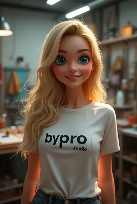 Woman in a functional studio small blonde long hair blue eyes smiling 3d her t-shirt written by Pro Studio 