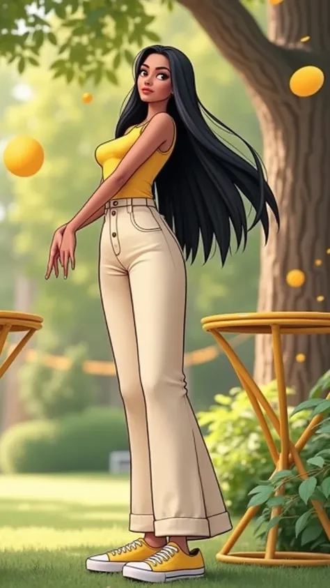 Woman 30 years, long straight black hair, wearing baby yellow vest with matching baby yellow floor length trousers with sneakers at garden with yellow round metal bar tables and chairs party with yellow disks hanging from trees. 

Pixar cartoon character 