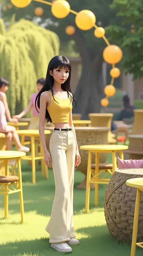 Woman 30 years, long straight black hair, wearing baby yellow vest with matching baby yellow floor length trousers with sneakers at garden with yellow round metal bar tables and chairs party with yellow disks hanging from trees. 

Pixar cartoon character 