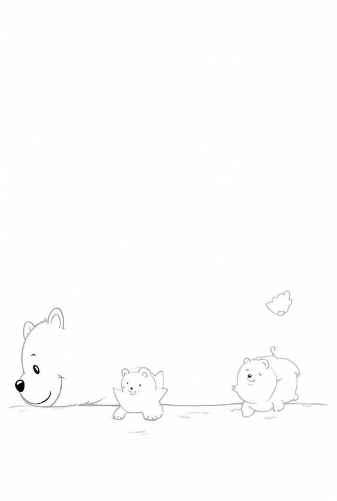  picture of a daddy bear with two baby bears ,  bellows together .  Papa bear is lying on the ground on the back ,  the two cute bear kids frolic on their bear papa,  everyone is having fun and laughing together .  black and white illustration ,  strong co...