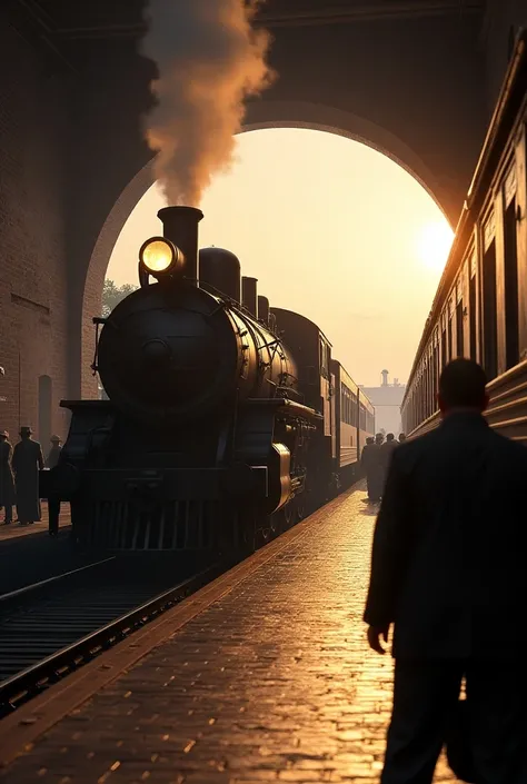 1920 ,  train station with its locomotive and passenger cars waiting to be used at dawn on a beautiful summer day