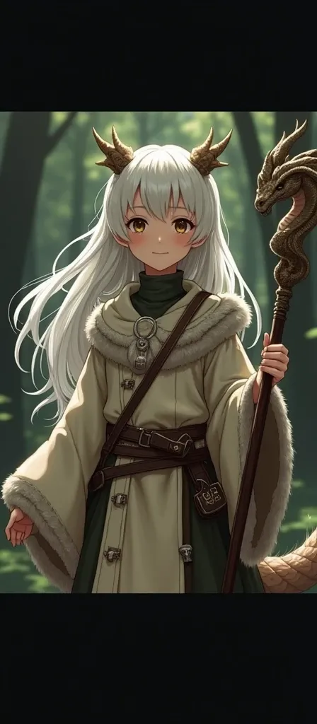 (anime:freeze) super light blonde almost white long hair that reaches the thighs and is wavy at the ends ONLY,  simple medieval clothing with fur , And she is a pre-adolescent of at most  . She has a magic staff .  She is half a dragon with dragon horns an...