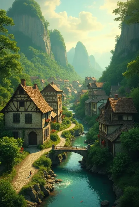 tiny town under a clover forest, many small houses, covered with greenery, A ray of sunlight, small stone road,  a small river with flowing flower petals, small bridge 