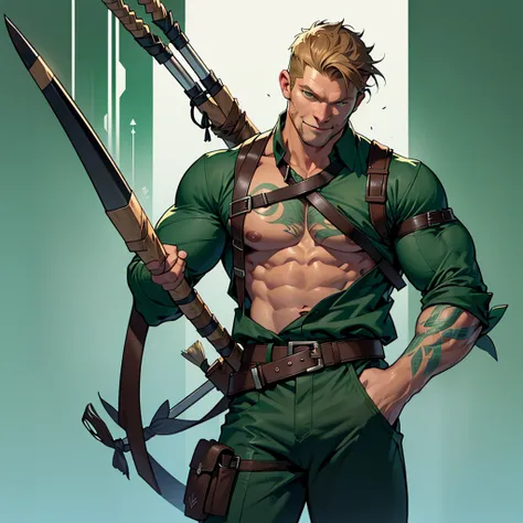 1 man, male focus solo,45 yo man,Sam Worthington as Green Arrow,  lean muscle, shirtless  showing his muscles and tattoos,  ,(((wearing blackish dark green pants with a dark brown belt)))   ,(showing a bulge), full body shot, dark blond short hair, well gr...