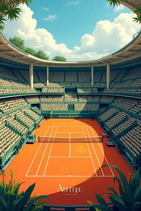 Draw me a birthday card with Roland Garros as a backdrop. The text written on the card should be : "Anniversaire dHugo". It should have the Roland Garros logo