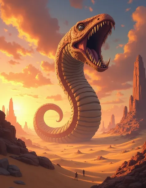  Anime style, Imagine a giant sand worm worm in a desert,  with large, sharp teeth inside its mouth , in a desert setting at sunset .
