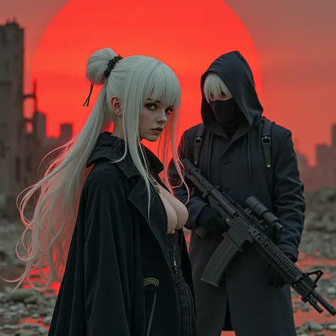  A girl with big breasts with white hair gathered in one basket, with strands on her face , in a black coat, in front of her is a guy , in a black coat,  in a hood and with white hair against the background of a red sunset in the middle of a ruined post-ap...