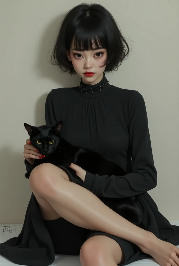 White girl short black hair, oval face,  sitting with her legs crossed and black cat on her legs,  sexy look and black dress with a high collar