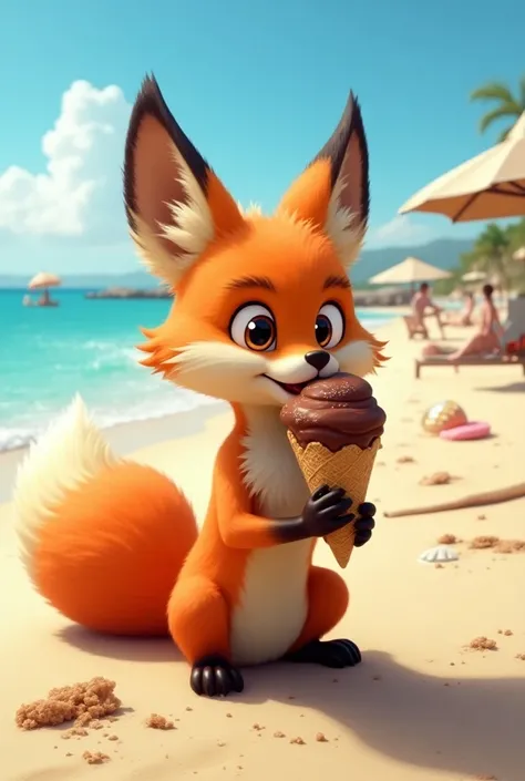 Two-tailed orange fox eating chocolate ice cream at the beach