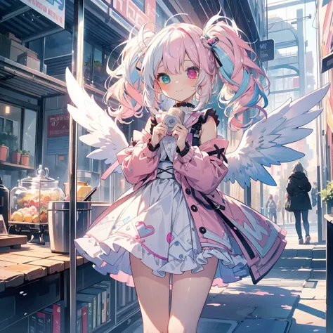 ((masterpiece)), ((best quality)), (ultra-detailed), ((kawaii)), cute, (lovely), ((extremely detailed)), 4K, (8K), best quality, (beautiful), anime style2, full body, a loli, solo, beautiful pastel pink hair,twintails, ((beautiful eyes)),((( heterochromia:...