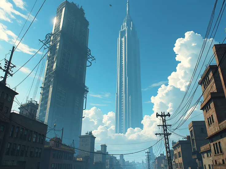 Skyscraper with big wires and clouds on anime-style background, Citadel from Half Life 2, view from below, on the background of a poor city