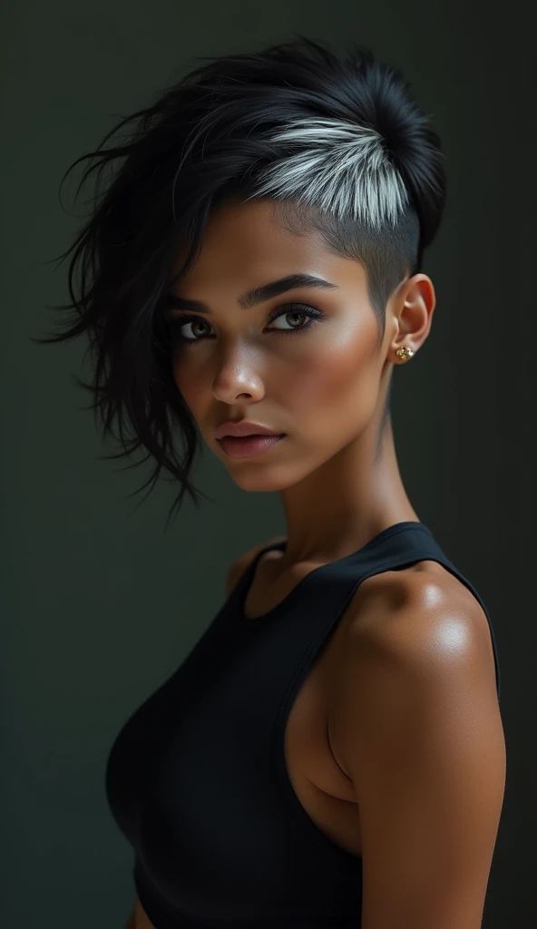 girl,  black hair , with white highlights,  short peaked hair ,  brown eye color , brown skin, native of Portugal ,  dark gym clothes ,  blazes dark colors , Dark dresses, almond-shaped eyes,  slightly strong makeup