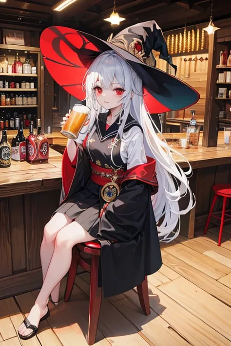 (  highest resolution  ,  clear_image), Best Quality, masterpiece,  very detailed on playground equipment,  anatomically correct、Obey the laws of physics, バストサイズは小さい, chibi charactor, held one large beer mug, Wearing a black robe all over her body, a witch...