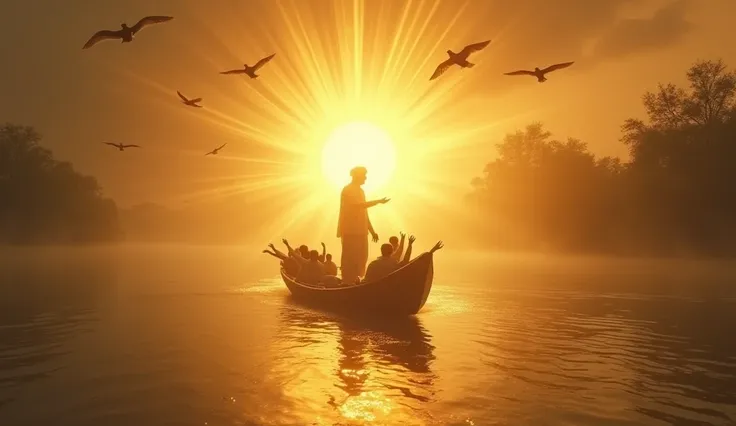 Prompt**: A mystical scene where a glowing, golden light symbolizes Guru Nanak Dev Ji, shining softly by a river. The light casts a gentle radiance over a symbolic boat filled with people, who reach out with grateful expressions, feeling protected and guid...