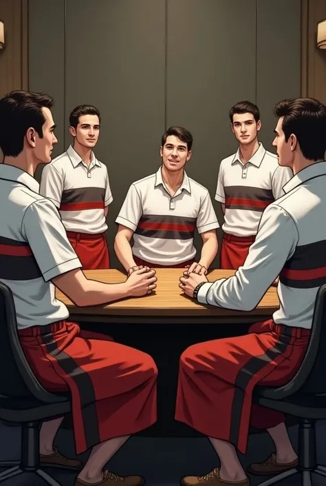 Business meeting with men dressed in white sports shirts with horizontal black and red stripes and dressed in skirts 