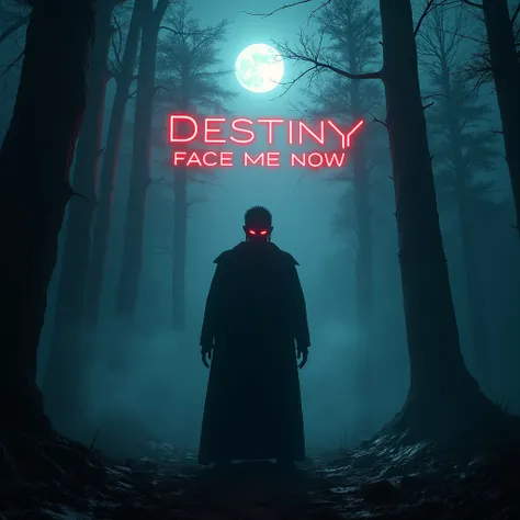 A male figure stands in a dark, misty forest under a full moon, facing forward with a confident stance. His face is partially shadowed, with glowing red eyes that pierce through the darkness. Fog rolls around him, and faint neon lights in red and blue colo...