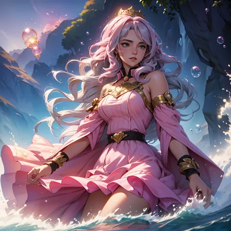 splash art of a young woman in her 20s, wavy golden hair, voluminous pink dress with several layers, large silver crown she is in pink bubbles, magical pink bubbles around, landscape of pink bubbles