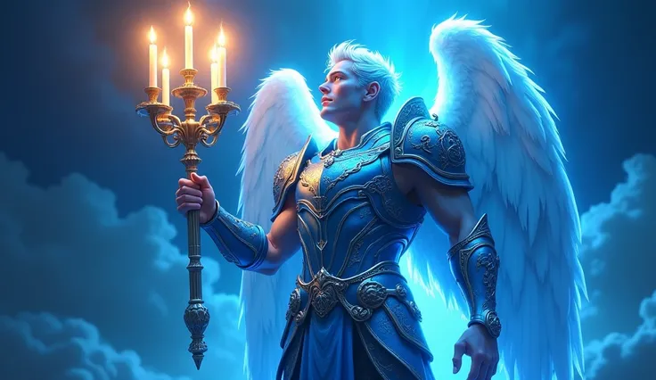  Create an image in shades of vibrant blue, of an archangel in armor ,  holding a candlestick with 5 candles .