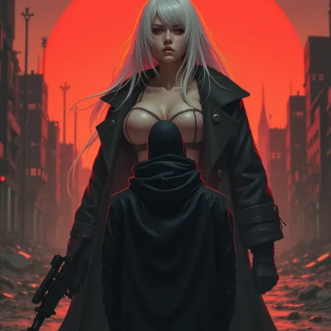  A girl with big breasts with white hair gathered in one basket, with strands on her face , in a black coat, in front of her is a guy , in a black coat,  in a hood and with white hair against the background of a red sunset in the middle of a ruined post-ap...