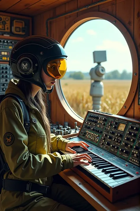 Cyberpunk scene un a Wooden cabin with a cyberpunk electronic woman with  rasta style and a black vintage tsh-4 tank helmet soviet and rounded gogles wearing a olive drab astronaut suit playing a Big eurorack synth with a Lot of modules, oscilloscopes, kno...