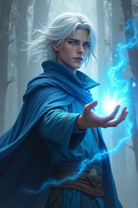 A 24-year-old wizard male with brave but sweet looks, his hair is white and his eyes are blue, a blue light comes out of one of his hands, he is casting a spell and his hair is flying slightly. 