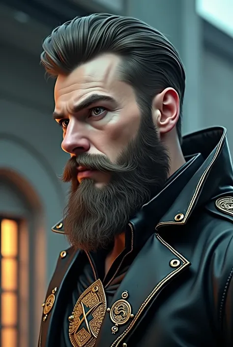 Well trimmed Bearded mountain man , at a rooftop, looking at stars, thoughtful, close-up, high-angle shot, vibrant color grading, horror concept, intense gaze, expressive eyes, ultra-realistic, ultra detailed, photorealistic, Well trimmed beard, window, cy...