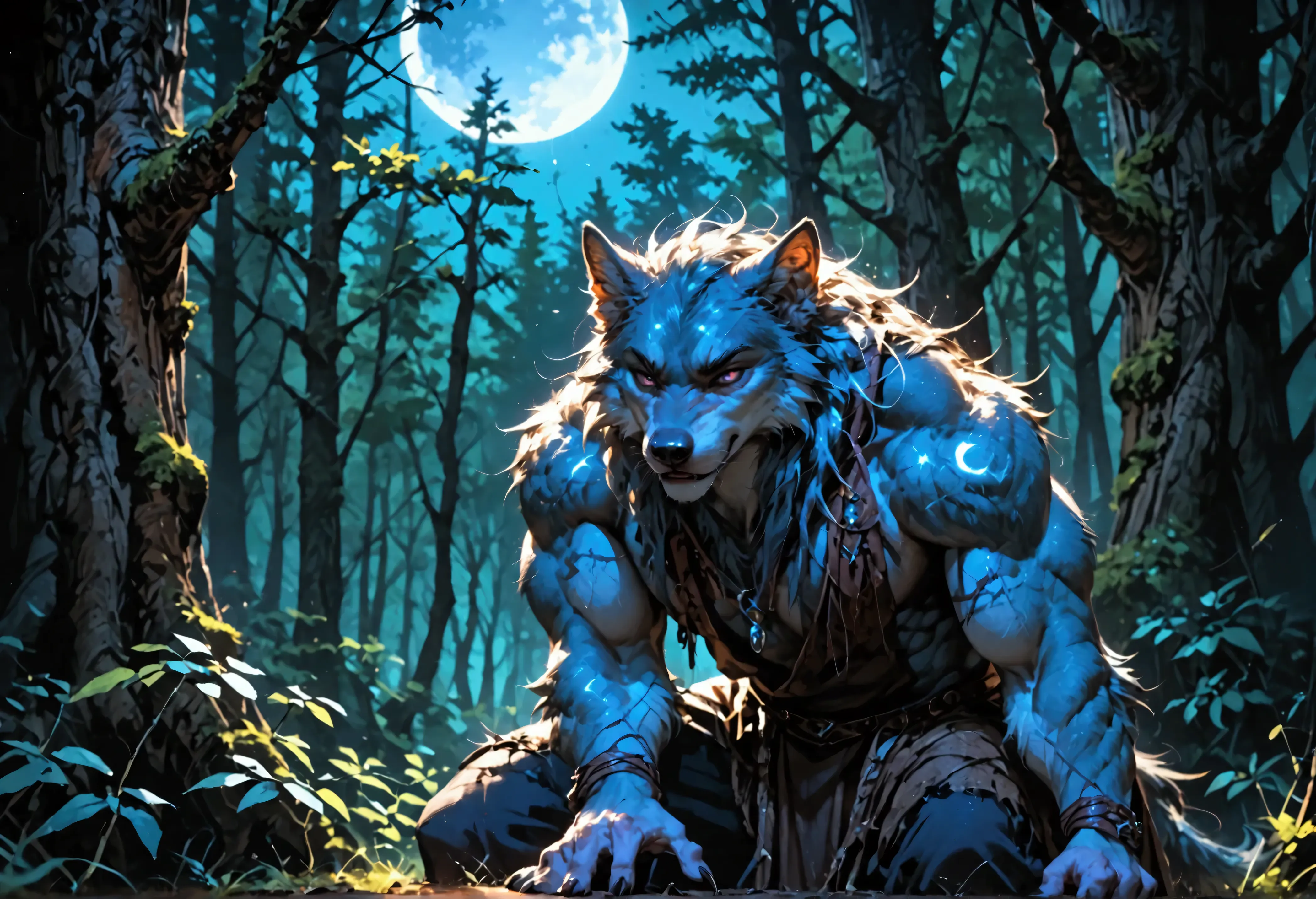 score_9, score_8_up, score_7, a anthro wolf howling in the night at the forest, a soft glowing moon hanging above the forest