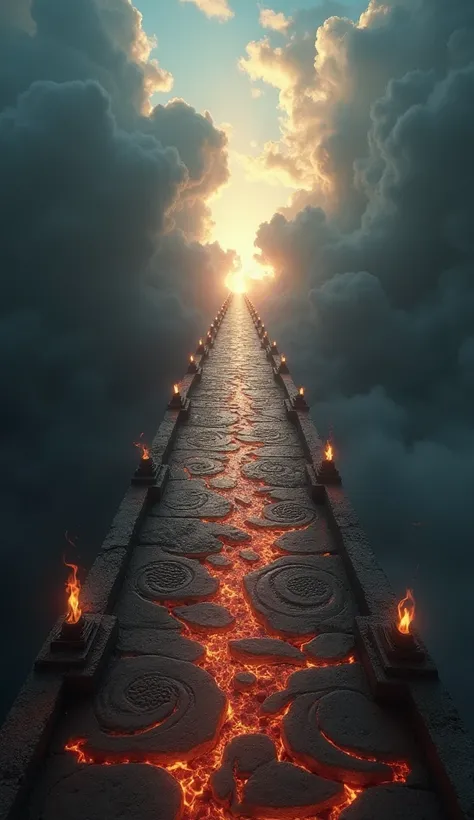 A bridge connecting the realms of hell and heaven, with one end shrouded in dark smoke and fire, while the other glows with divine light and peace. The bridge itself is narrow and fragile-looking, with intricate designs carved into its structure, illuminat...