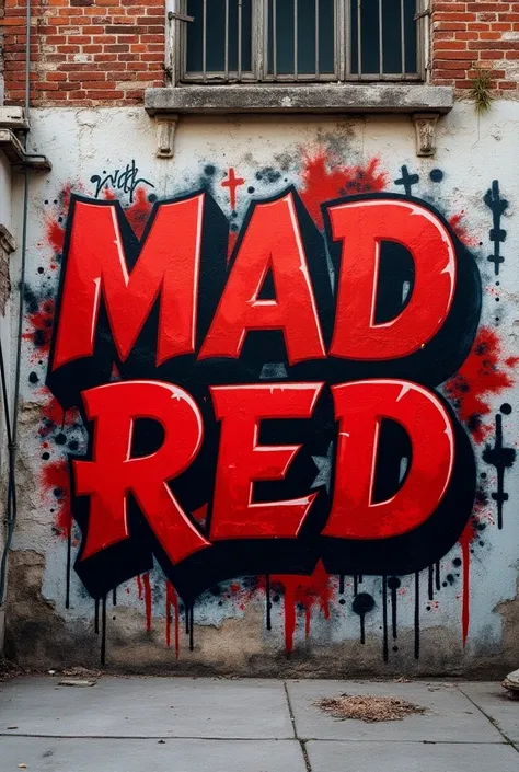 Old Schoold rap graffiti on a wall in a neighborhood that says Mad Red