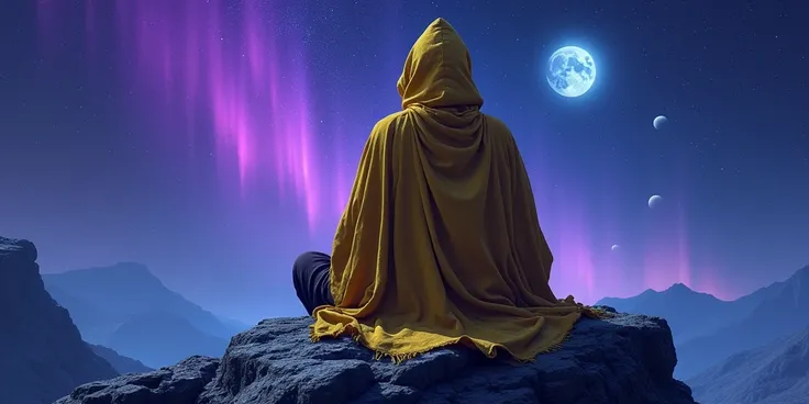 masterpiece, highcontrast, A jedi master with a yellow (old  ragged, hood, cape) sitting ona rock meditadint, in a star wars landscape.  Blue and purple cloths, night time, space, stars, moons, and planets, purple aurora boreal, no face, mask, 