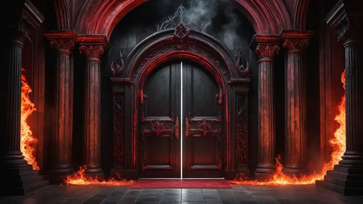 demonic sinister gateway double door inside of a chamber of a fiery dark gothic cathedral with Greek columns, red & black, flames, hell, inferno, background