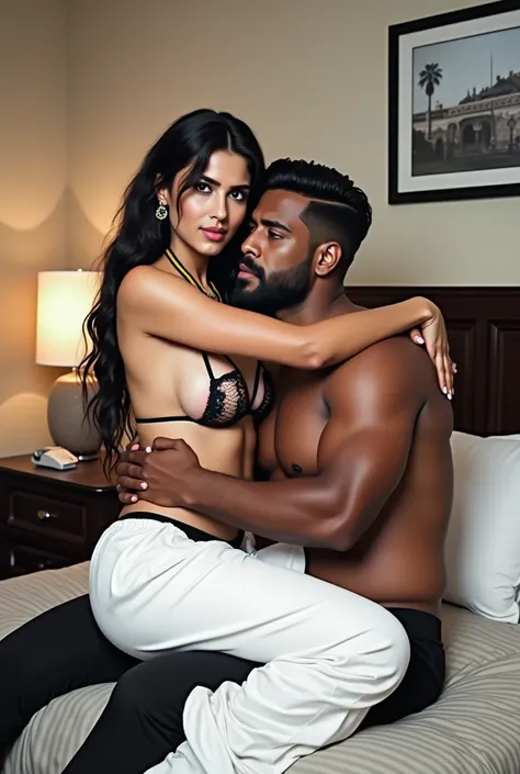 Hot white skin sexy indian woman with with tall dark skinned indian african muscular fat man, woman cheeks on face and bindhi, cheek filler, white skin woman with long single plaited tied down black hair, very big breast, big ass, woman wearing black bikin...