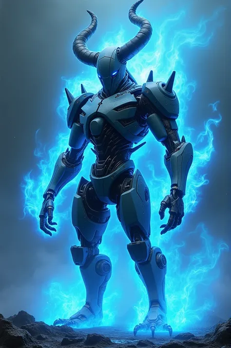 Make an Aguiar demonic robot blue flames